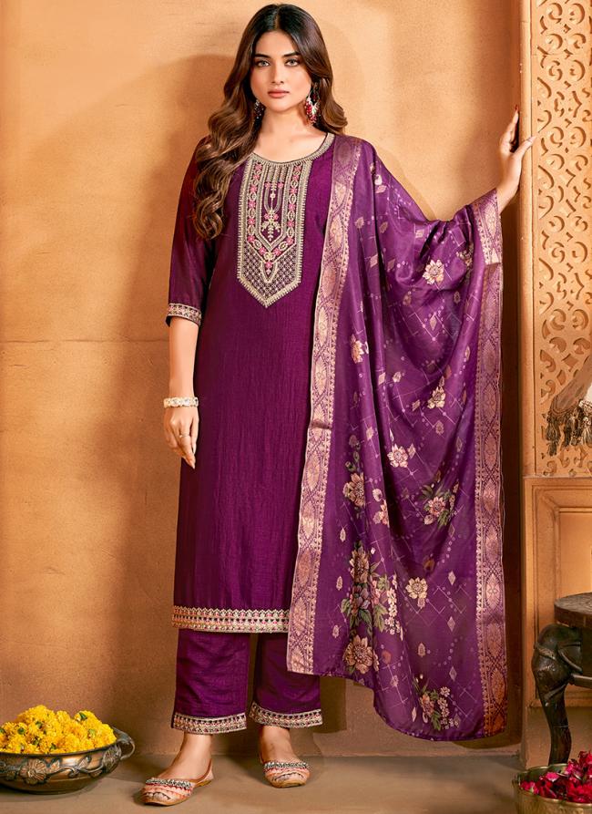 Vichitra Silk Magenta Traditional Wear Embroidery Work Readymade Kurti Set